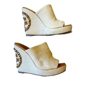Tory Burch Beige Canvas Meredith Platform Wedge Sandals size 7 see description